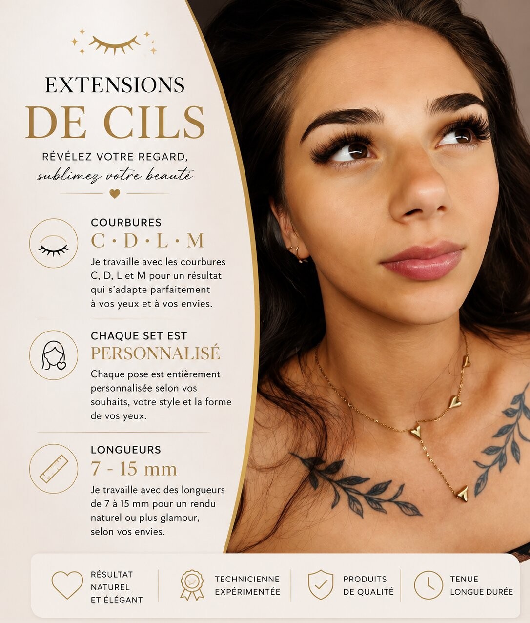 Wimperextensies overzicht — courbures C, D, L, M en lengtes 7-15mm